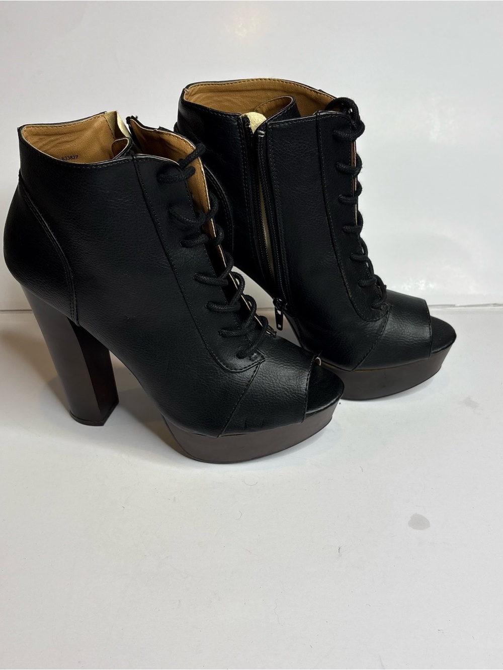 Black Peep-Toe Lace-Up Platform Ankle Boots - Women